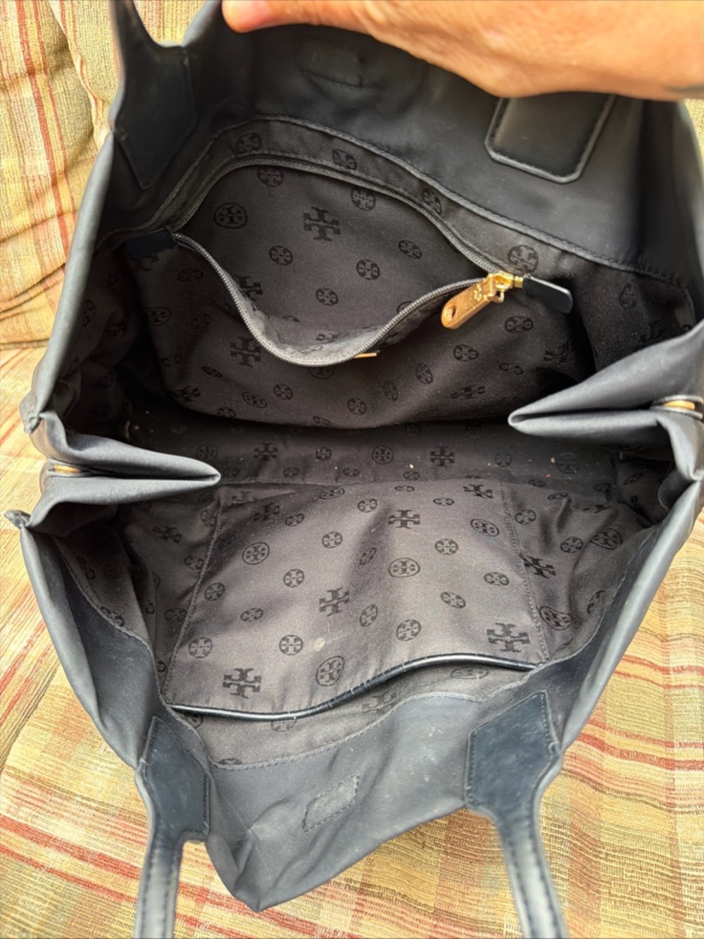 Tory Burch Navy Nylon Logo Tote with Leather Trim - Picture 9 of 11